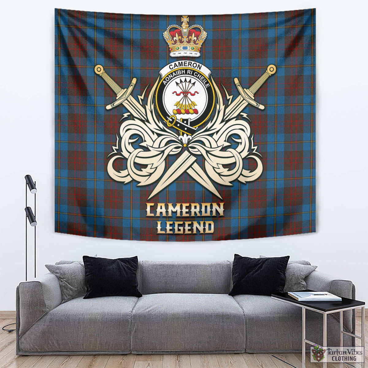 Tartan Vibes Clothing Cameron Hunting Tartan Tapestry with Clan Crest and the Golden Sword of Courageous Legacy