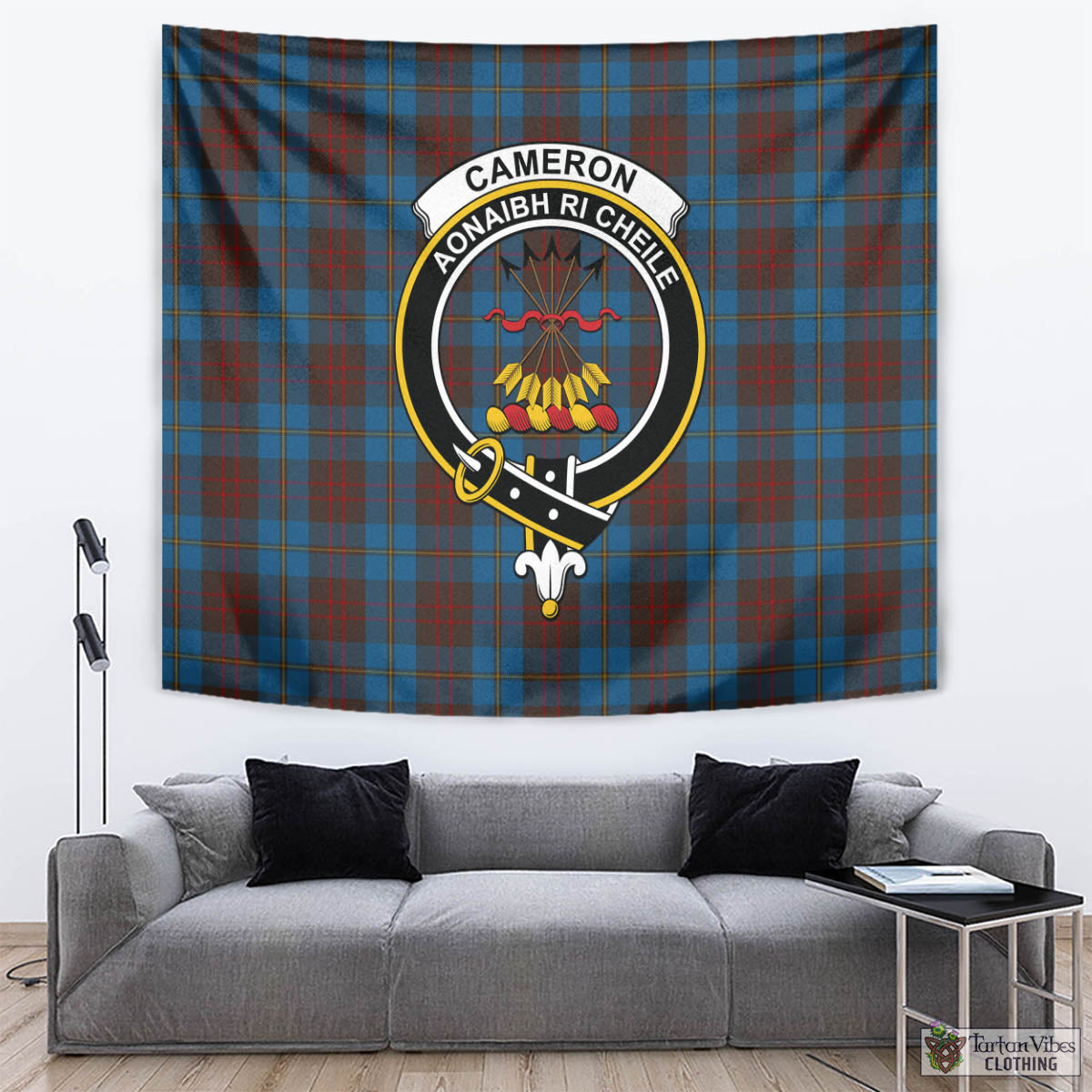 Tartan Vibes Clothing Cameron Hunting Tartan Tapestry Wall Hanging and Home Decor for Room with Family Crest