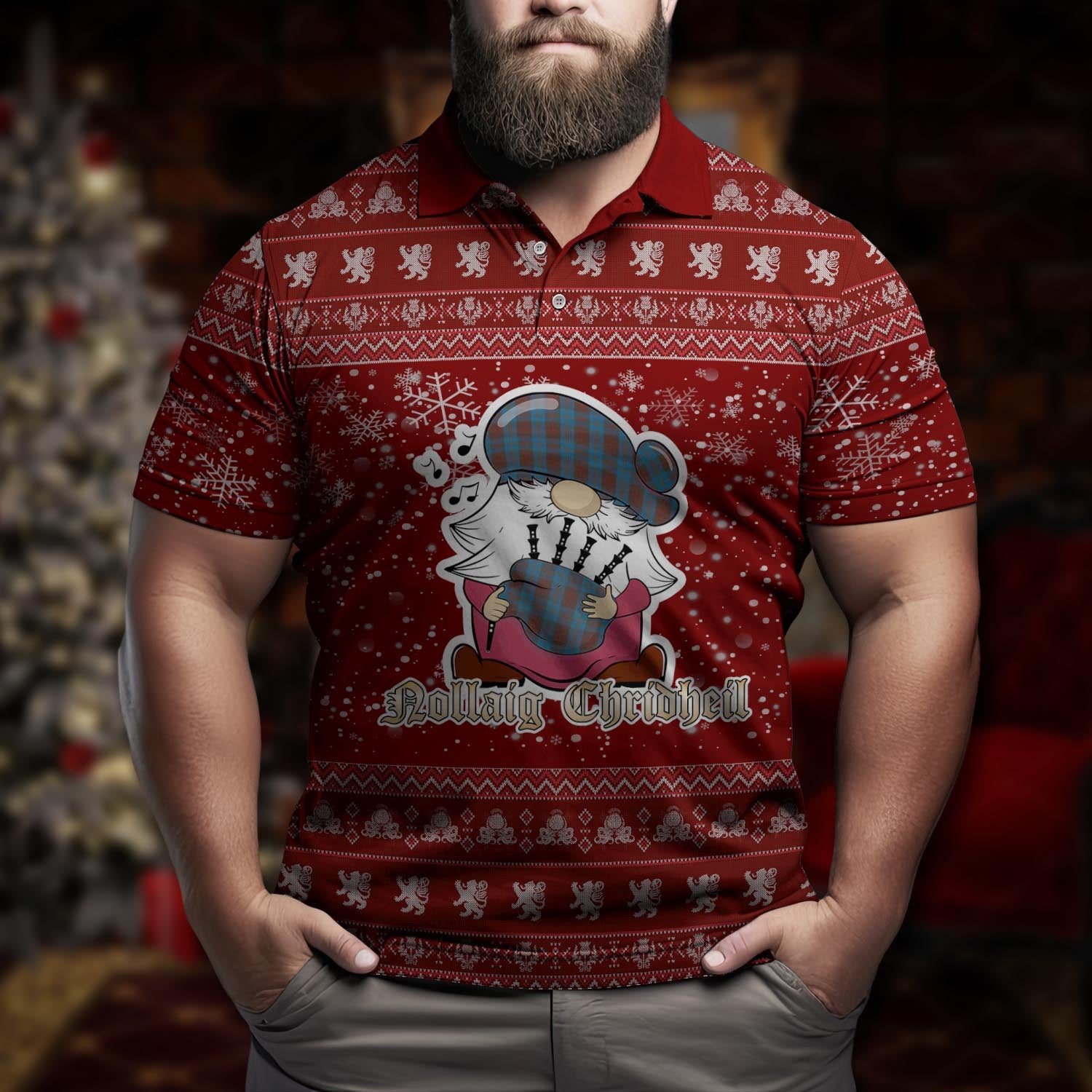 Cameron Hunting Clan Christmas Family Polo Shirt with Funny Gnome Playing Bagpipes Men's Polo Shirt Red - Tartanvibesclothing