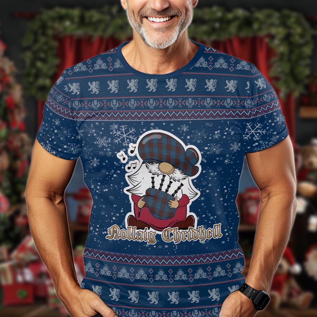 Cameron Hunting Clan Christmas Family T-Shirt with Funny Gnome Playing Bagpipes Men's Shirt Blue - Tartanvibesclothing