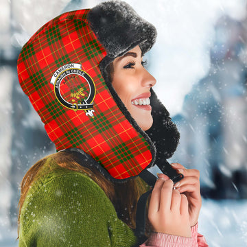 Cameron Modern Tartan Winter Trapper Hat with Family Crest