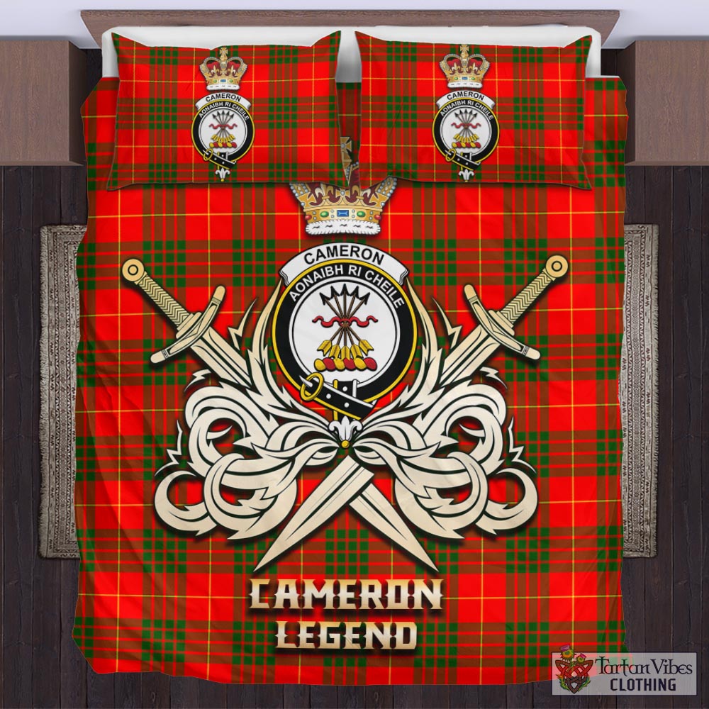 Tartan Vibes Clothing Cameron Modern Tartan Bedding Set with Clan Crest and the Golden Sword of Courageous Legacy