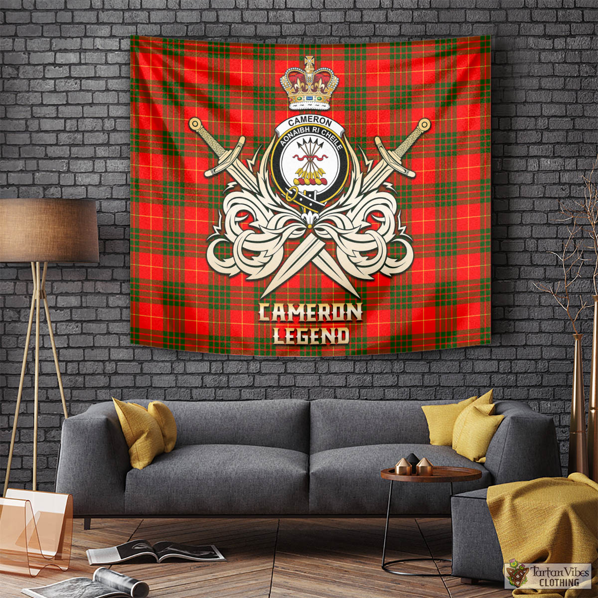 Tartan Vibes Clothing Cameron Modern Tartan Tapestry with Clan Crest and the Golden Sword of Courageous Legacy