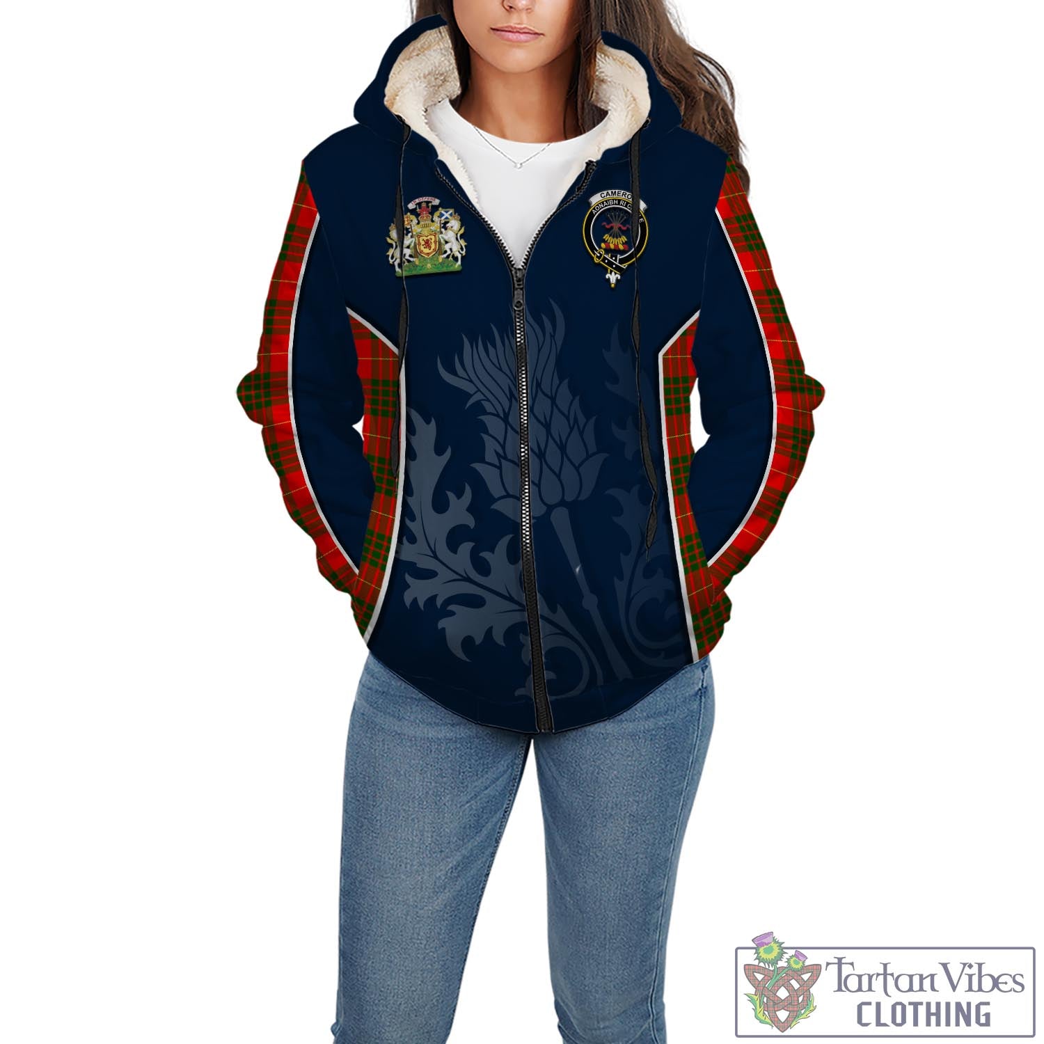 Tartan Vibes Clothing Cameron Modern Tartan Sherpa Hoodie with Family Crest and Scottish Thistle Vibes Sport Style