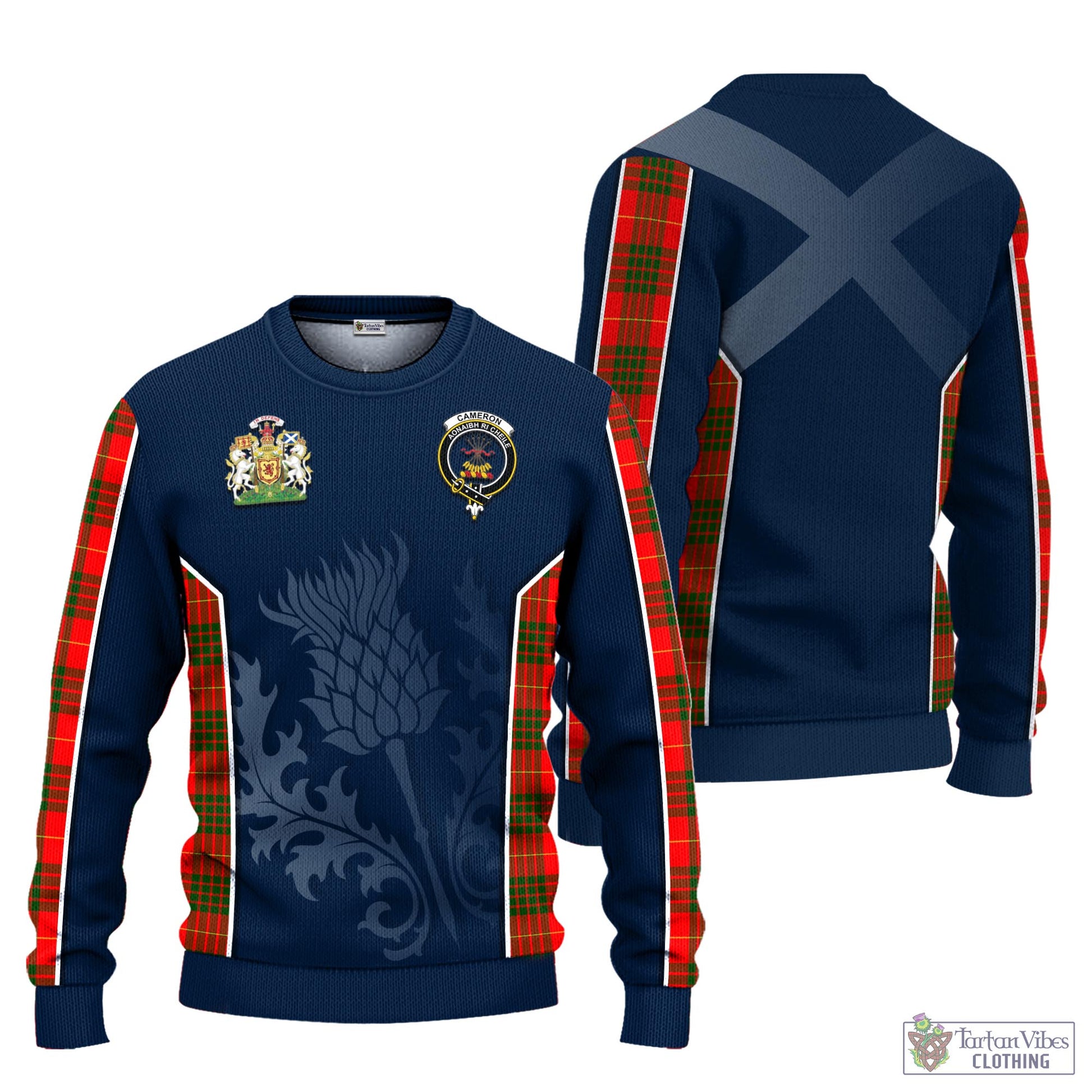 Tartan Vibes Clothing Cameron Modern Tartan Knitted Sweatshirt with Family Crest and Scottish Thistle Vibes Sport Style