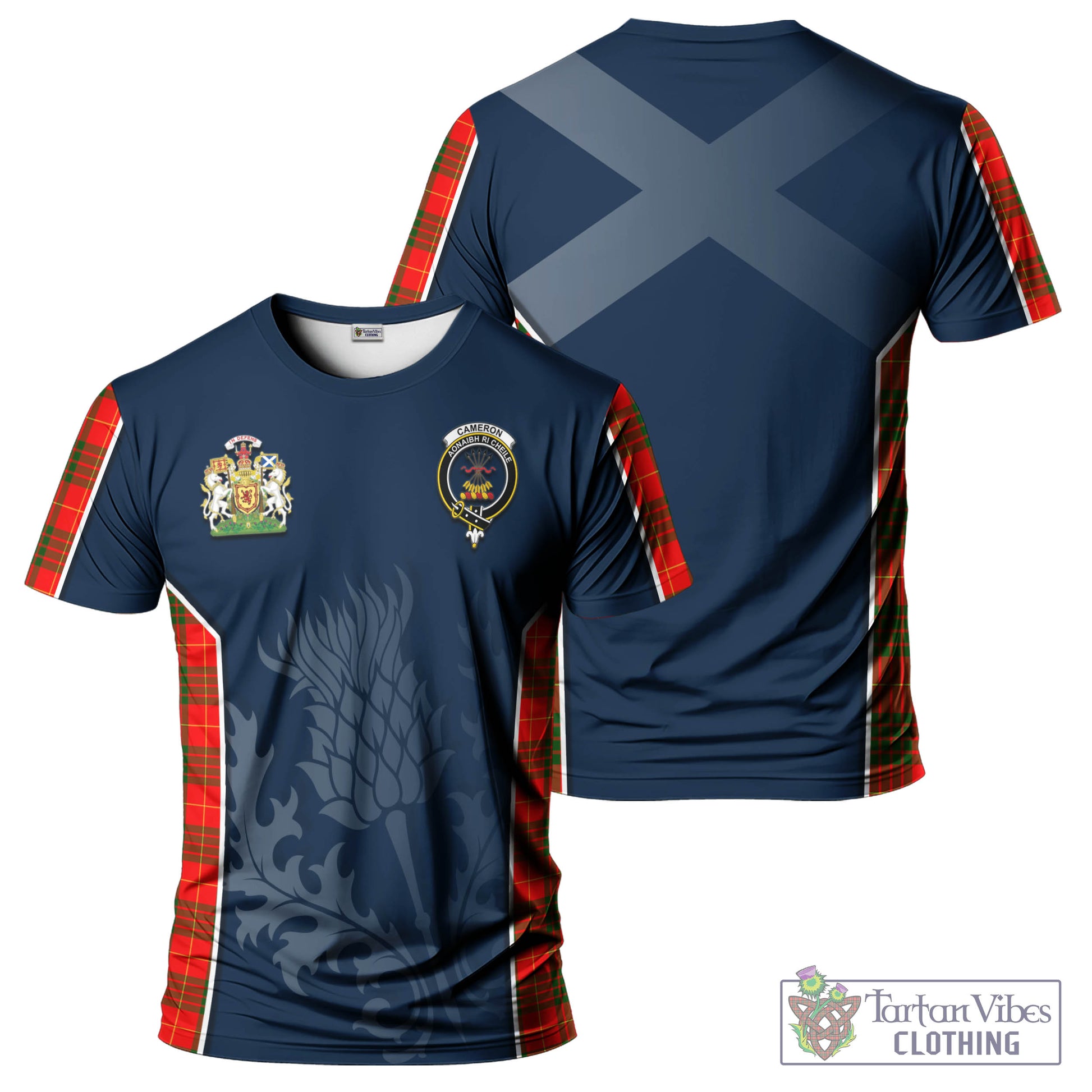 Tartan Vibes Clothing Cameron Modern Tartan T-Shirt with Family Crest and Scottish Thistle Vibes Sport Style