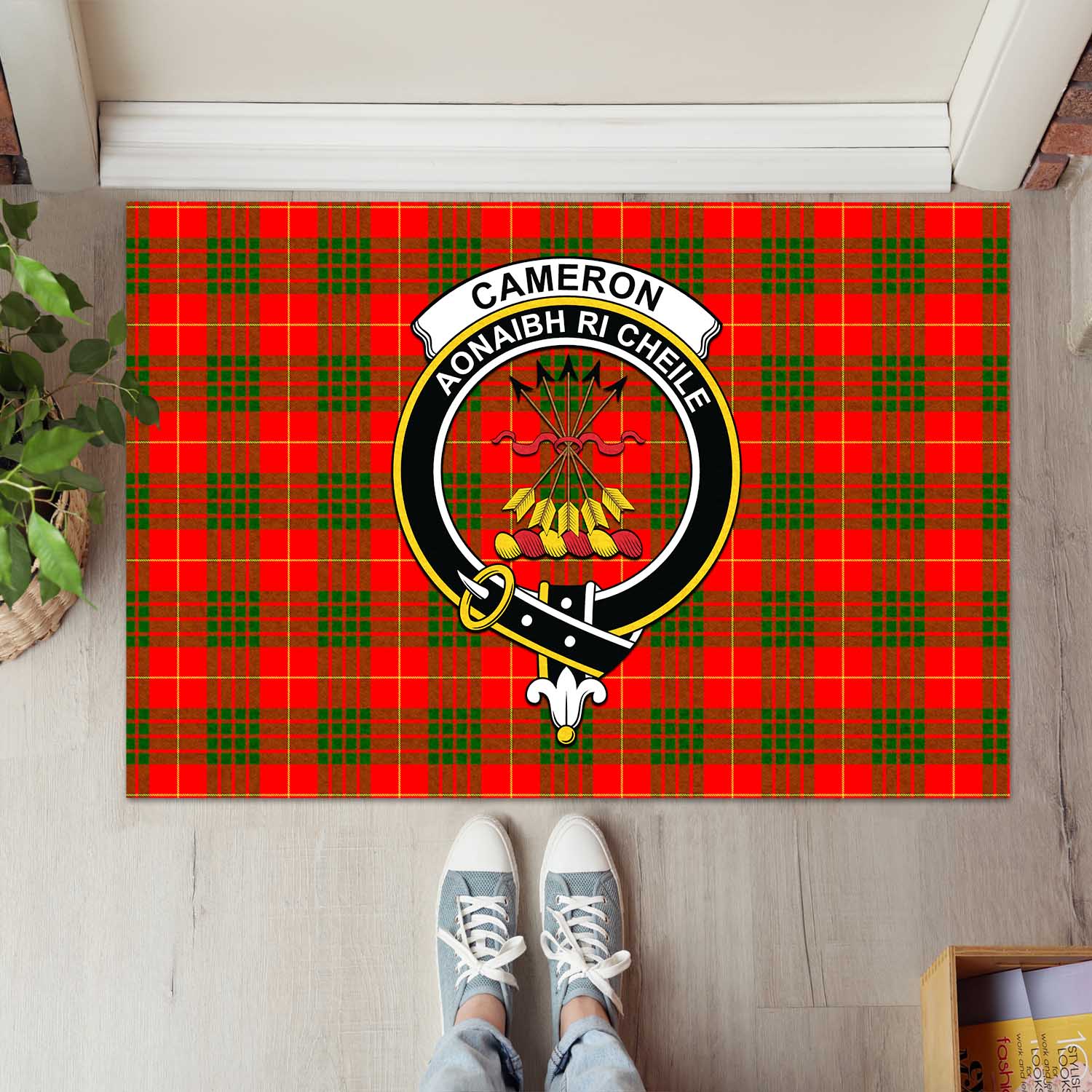 Cameron Modern Tartan Door Mat with Family Crest - Tartanvibesclothing