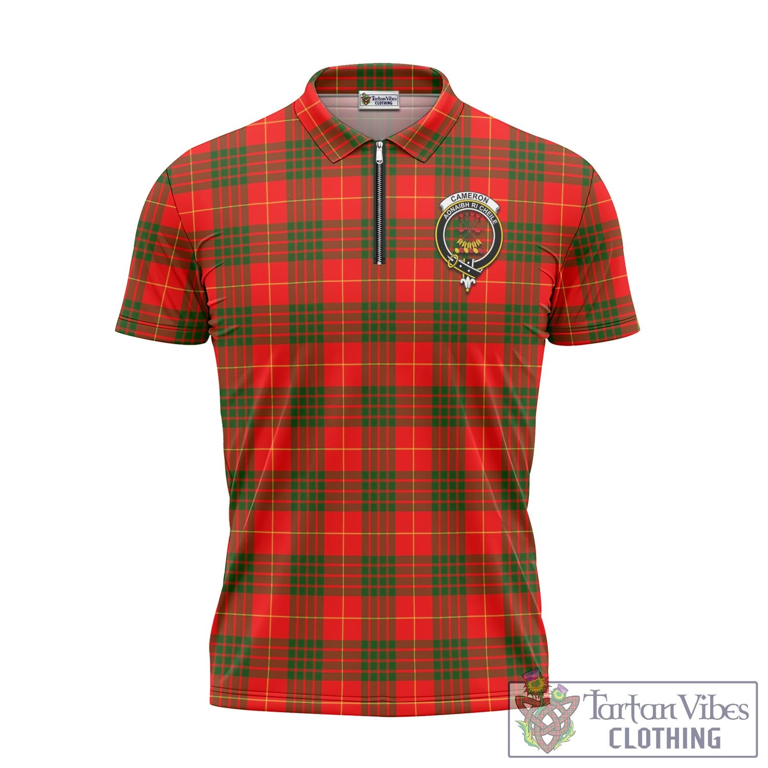 Tartan Vibes Clothing Cameron Modern Tartan Zipper Polo Shirt with Family Crest