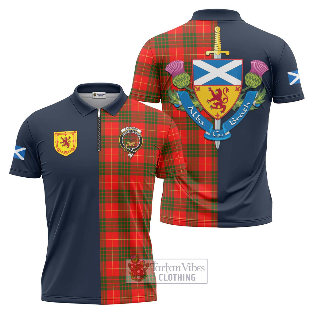 Tartan Vibes Clothing Cameron Modern Tartan Zipper Polo Shirt with Scottish Lion Royal Arm Half Style