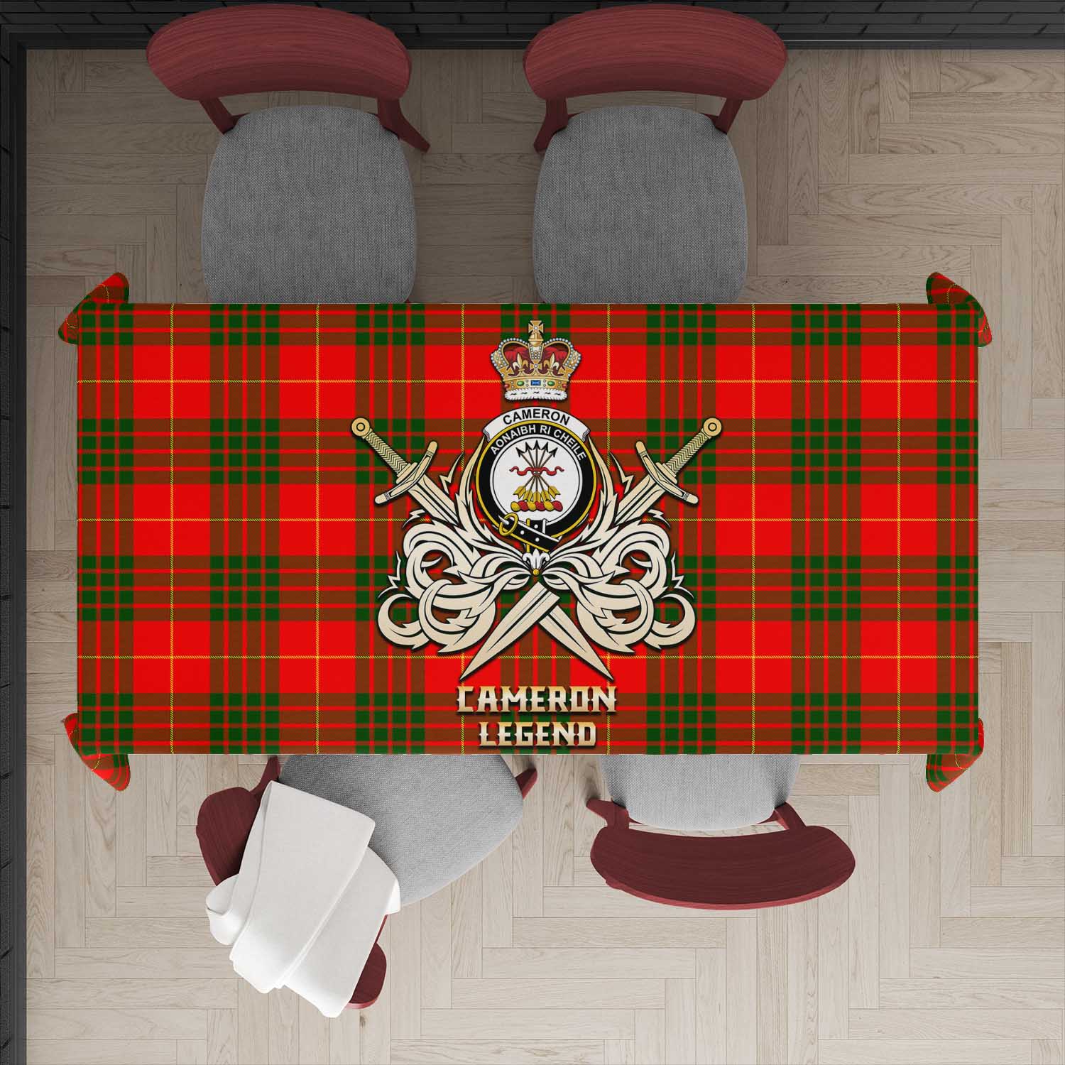 Tartan Vibes Clothing Cameron Modern Tartan Tablecloth with Clan Crest and the Golden Sword of Courageous Legacy