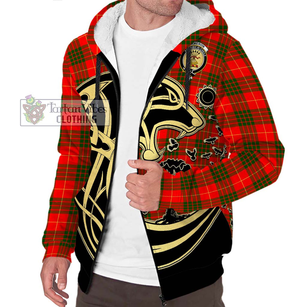 Cameron Modern Tartan Sherpa Hoodie with Family Crest Celtic Wolf Style Unisex S - Tartan Vibes Clothing