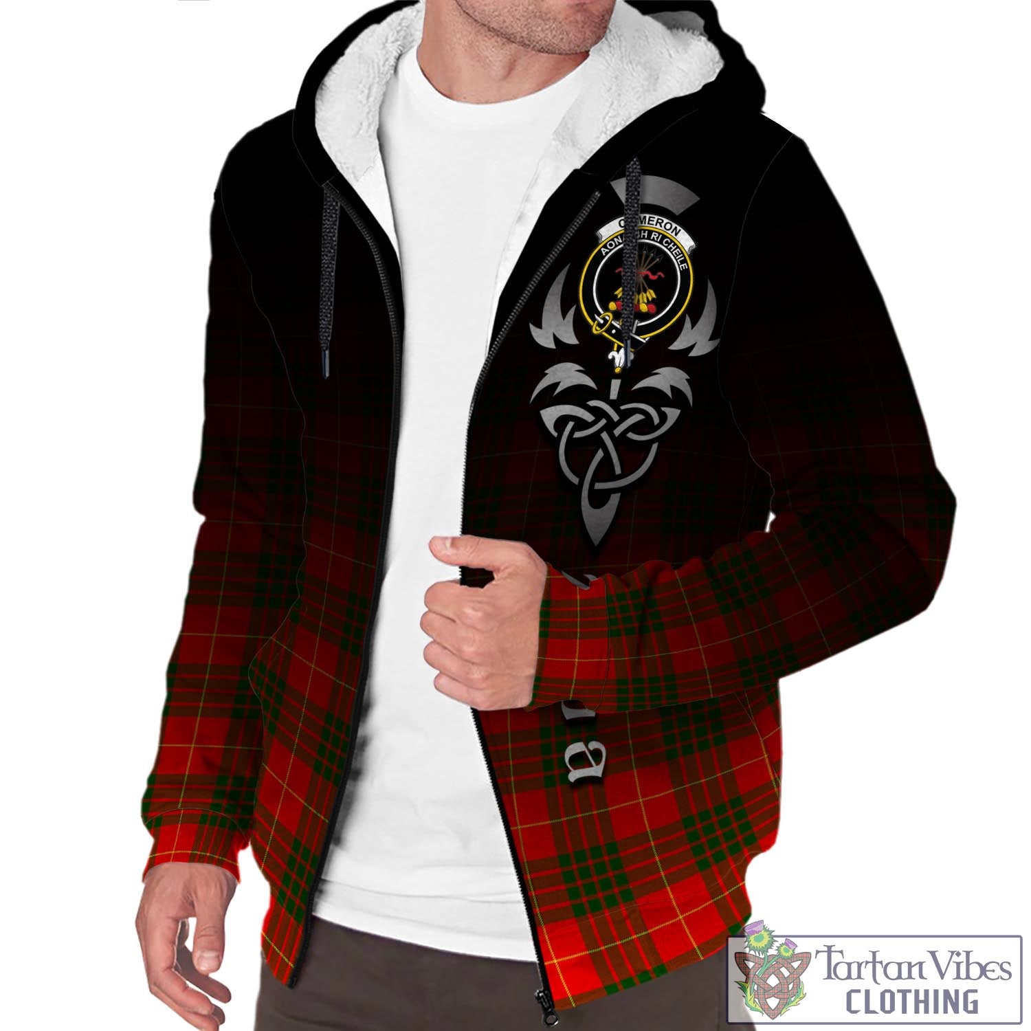 Tartan Vibes Clothing Cameron Modern Tartan Sherpa Hoodie Featuring Alba Gu Brath Family Crest Celtic Inspired