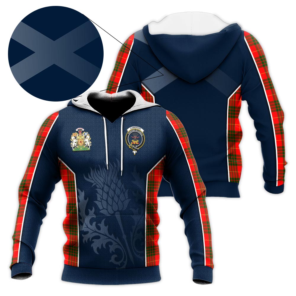 Tartan Vibes Clothing Cameron Modern Tartan Knitted Hoodie with Family Crest and Scottish Thistle Vibes Sport Style