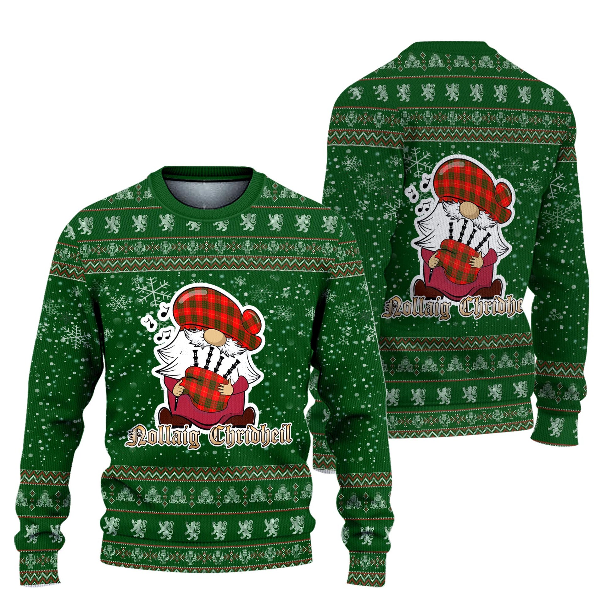 Cameron Modern Clan Christmas Family Knitted Sweater with Funny Gnome Playing Bagpipes Unisex Green - Tartanvibesclothing