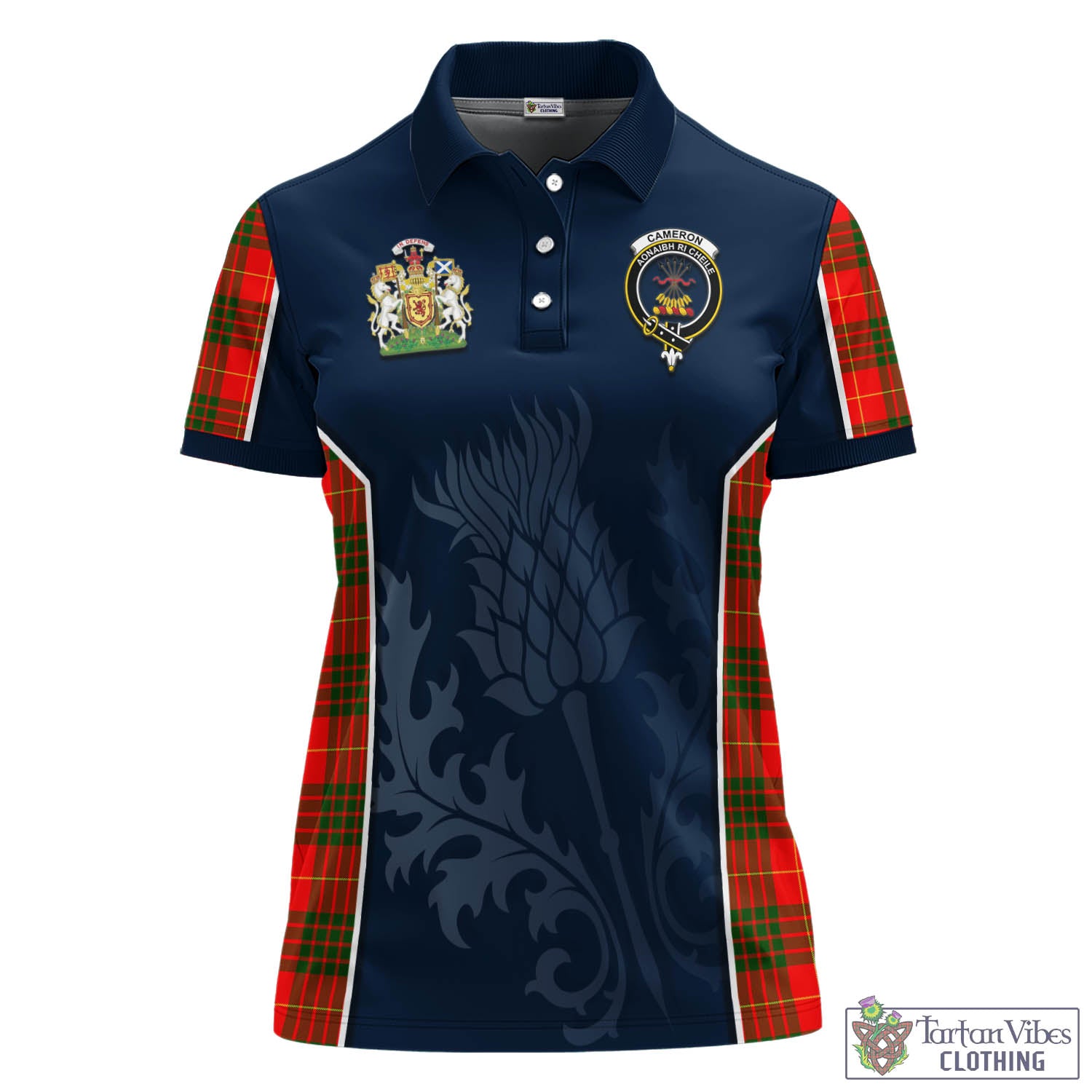 Tartan Vibes Clothing Cameron Modern Tartan Women's Polo Shirt with Family Crest and Scottish Thistle Vibes Sport Style