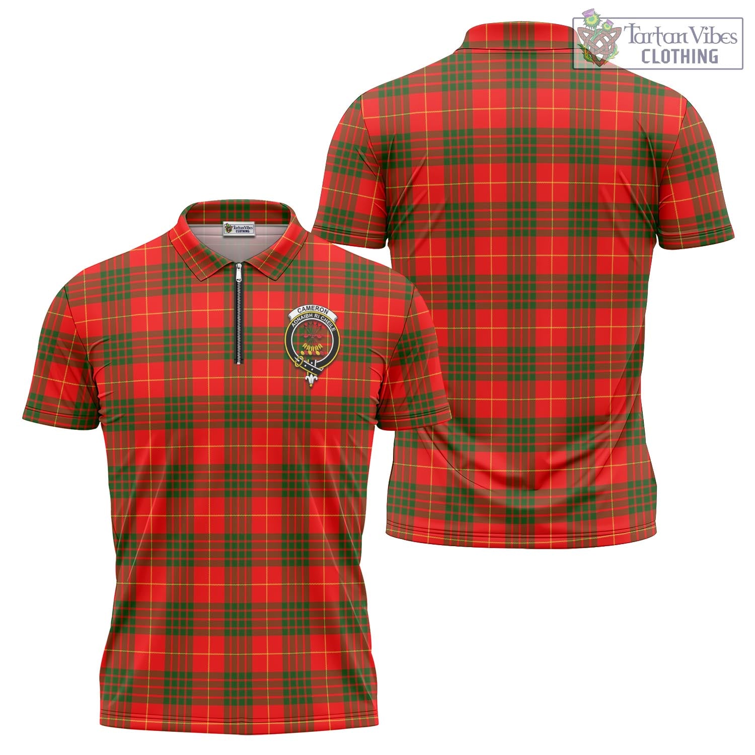 Tartan Vibes Clothing Cameron Modern Tartan Zipper Polo Shirt with Family Crest