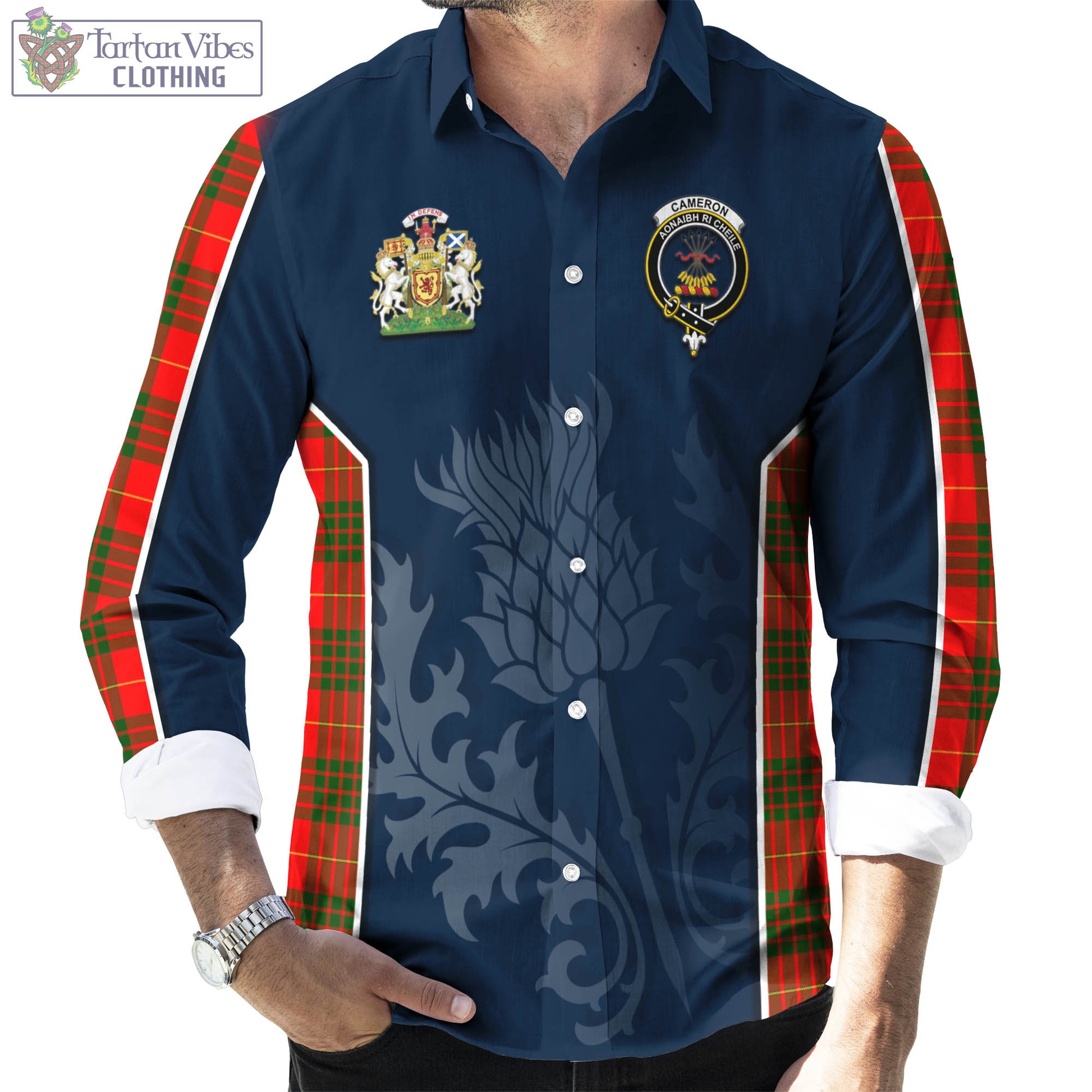 Tartan Vibes Clothing Cameron Modern Tartan Long Sleeve Button Up Shirt with Family Crest and Scottish Thistle Vibes Sport Style