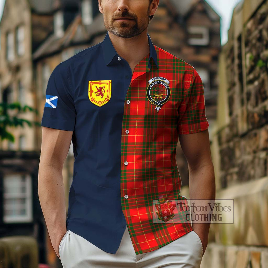 Tartan Vibes Clothing Cameron Modern Tartan Short Sleeve Button Shirt with Scottish Lion Royal Arm Half Style