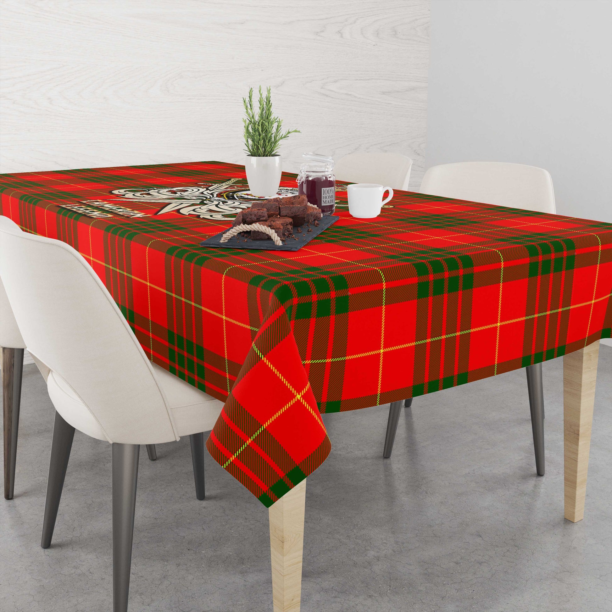 Tartan Vibes Clothing Cameron Modern Tartan Tablecloth with Clan Crest and the Golden Sword of Courageous Legacy