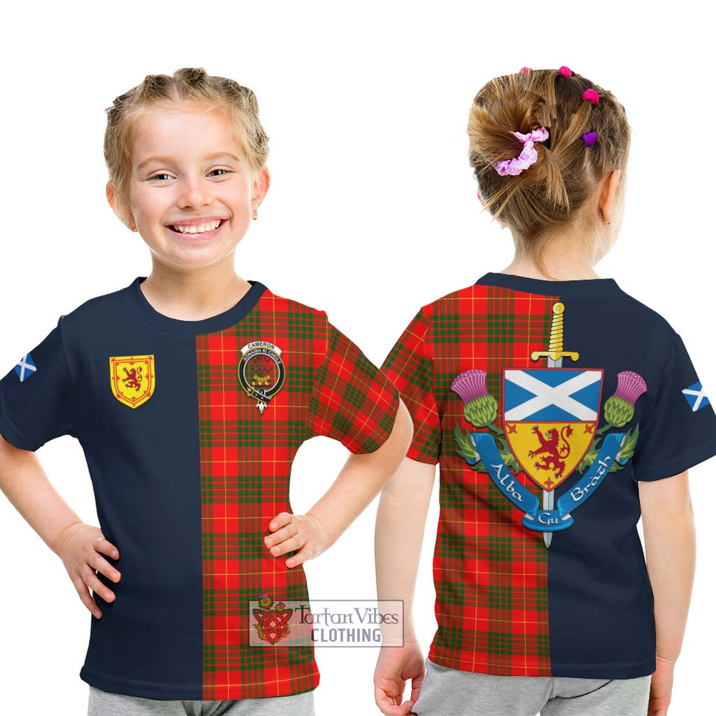 Tartan Vibes Clothing Cameron Modern Tartan Kid T-Shirt with Scottish Lion Royal Arm Half Style