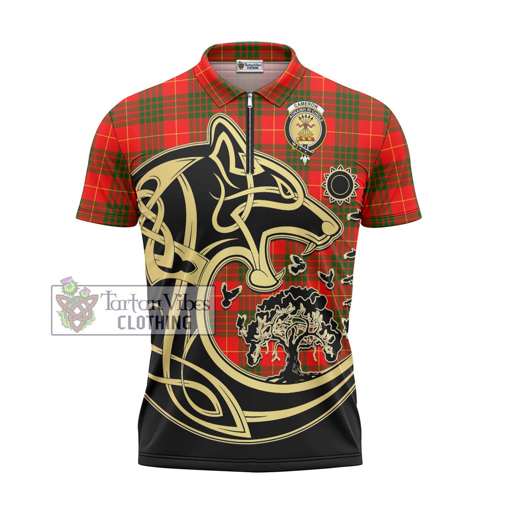 Cameron Modern Tartan Zipper Polo Shirt with Family Crest Celtic Wolf Style - Tartanvibesclothing Shop