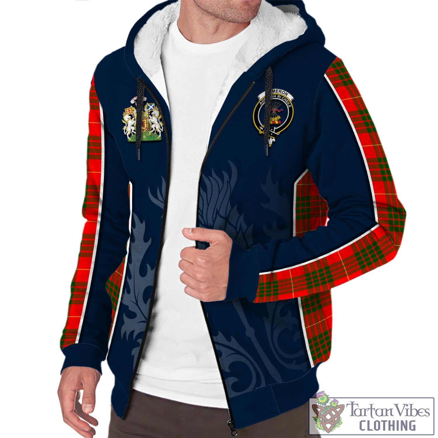 Tartan Vibes Clothing Cameron Modern Tartan Sherpa Hoodie with Family Crest and Scottish Thistle Vibes Sport Style