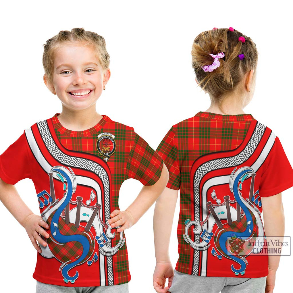 Tartan Vibes Clothing Cameron Modern Tartan Kid T-Shirt with Epic Bagpipe Style