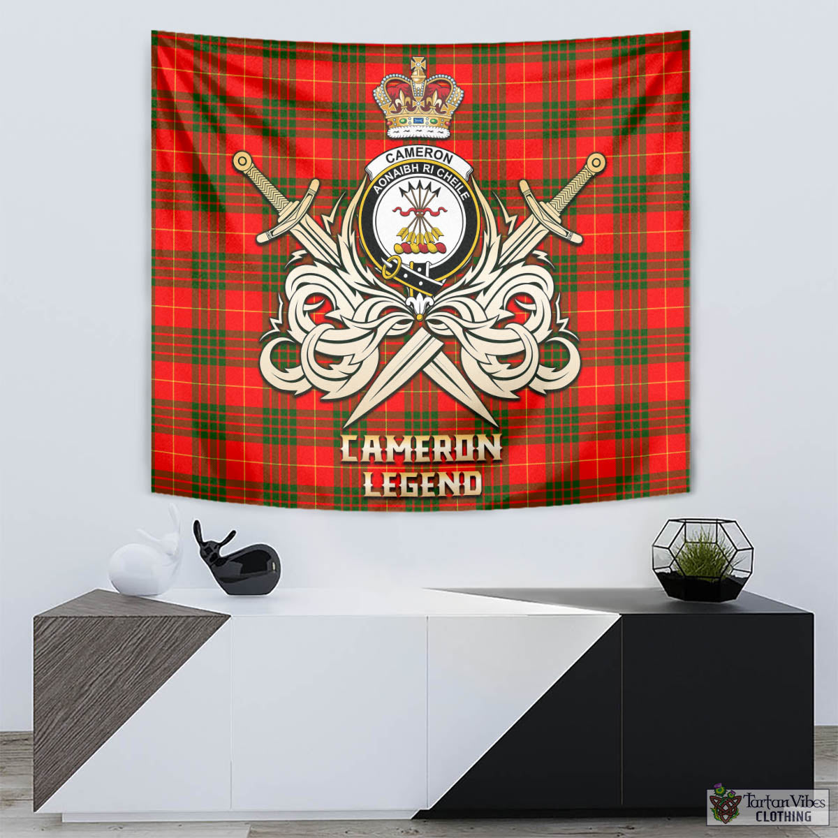 Tartan Vibes Clothing Cameron Modern Tartan Tapestry with Clan Crest and the Golden Sword of Courageous Legacy