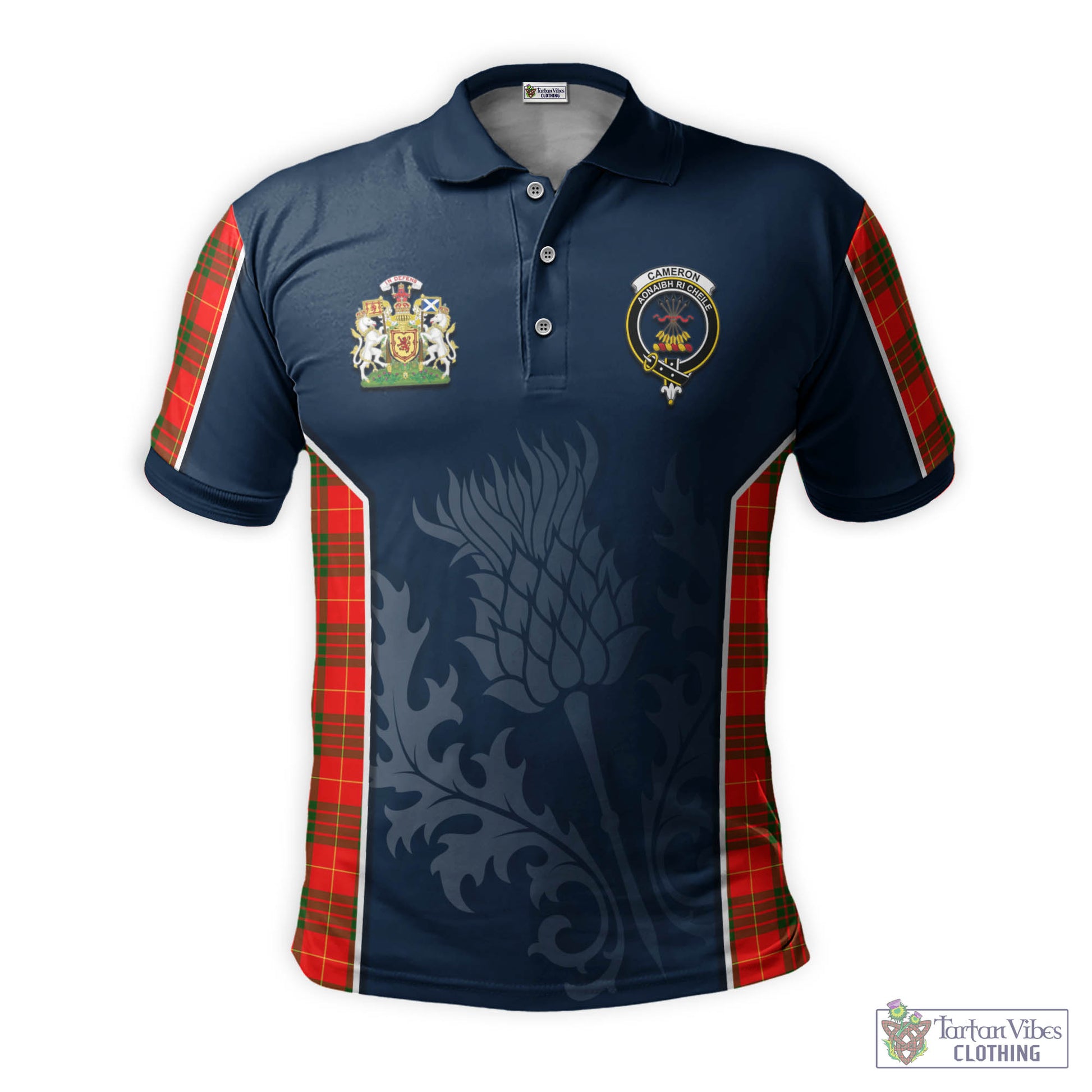 Tartan Vibes Clothing Cameron Modern Tartan Men's Polo Shirt with Family Crest and Scottish Thistle Vibes Sport Style