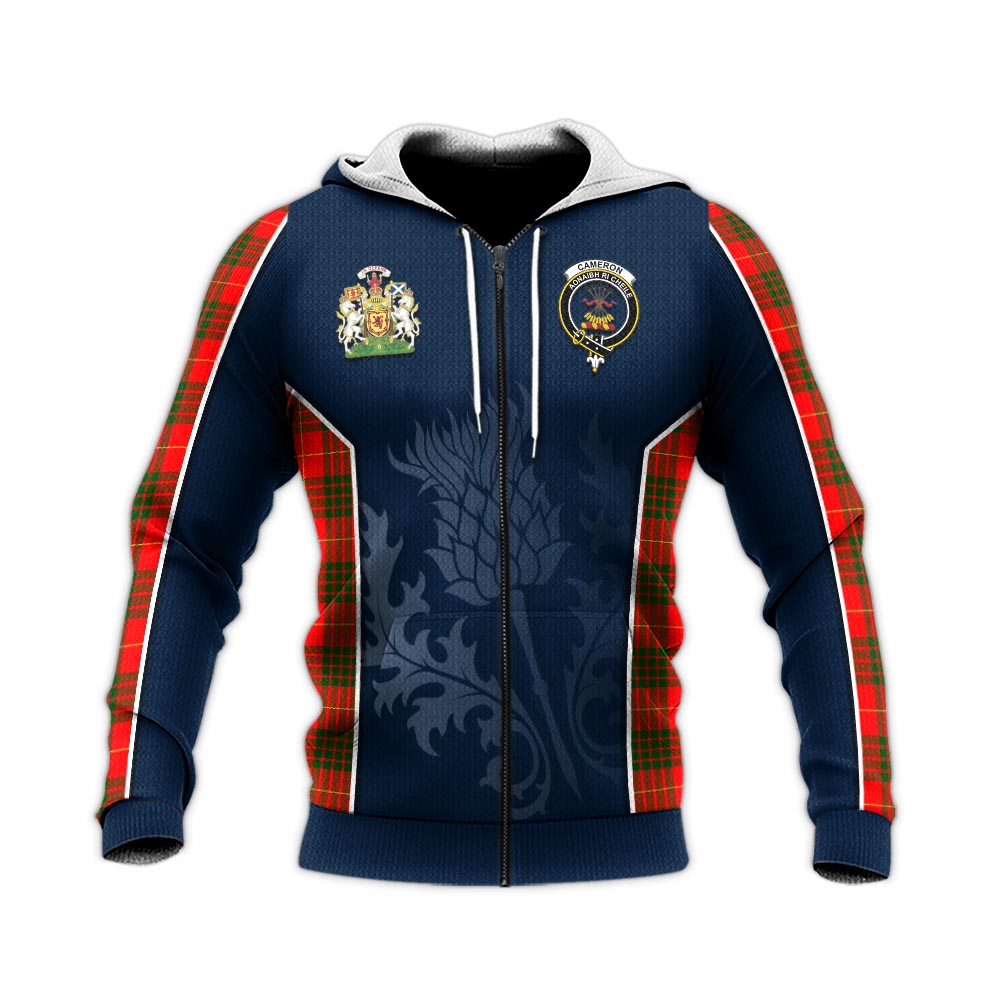 Tartan Vibes Clothing Cameron Modern Tartan Knitted Hoodie with Family Crest and Scottish Thistle Vibes Sport Style