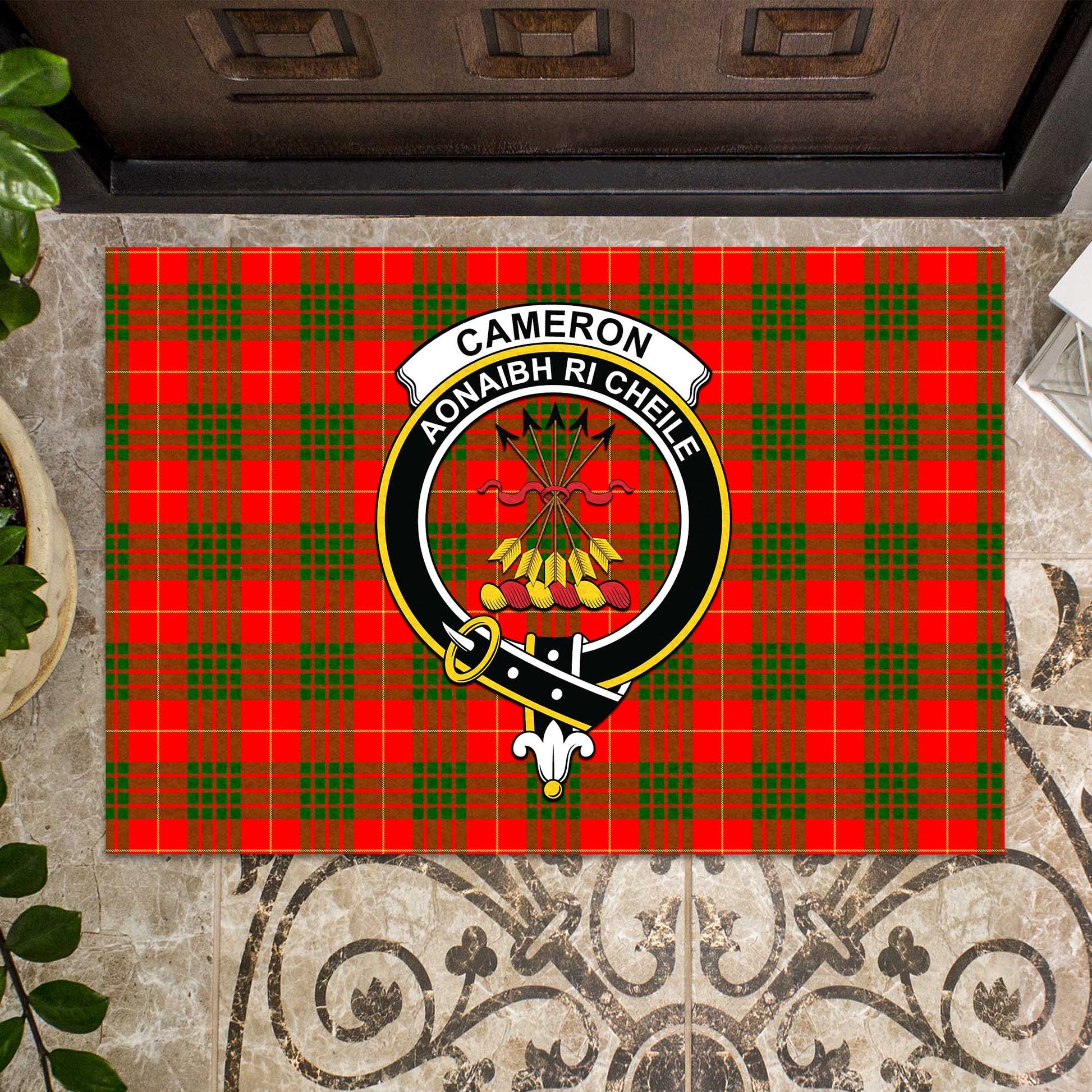 Cameron Modern Tartan Door Mat with Family Crest - Tartanvibesclothing