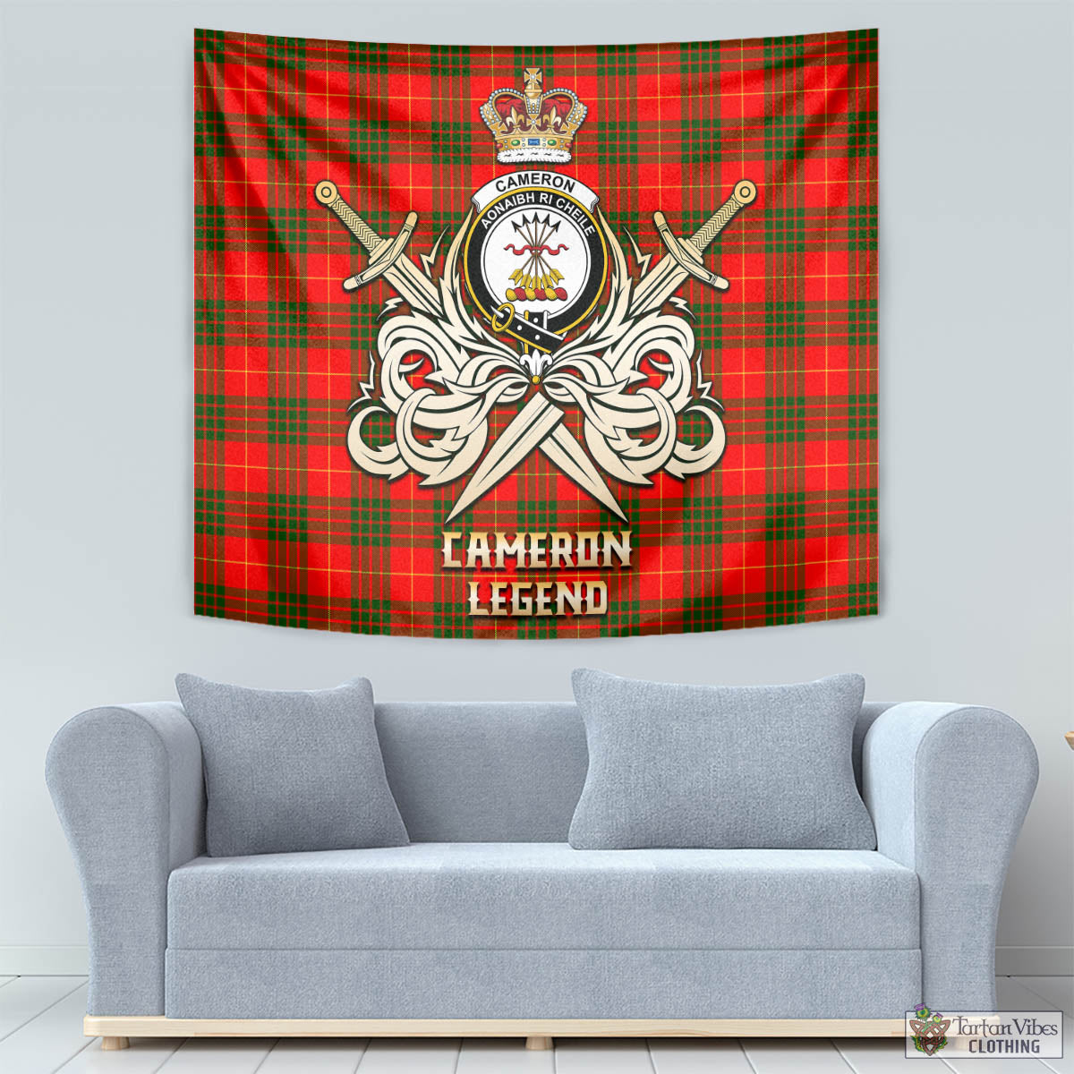 Tartan Vibes Clothing Cameron Modern Tartan Tapestry with Clan Crest and the Golden Sword of Courageous Legacy