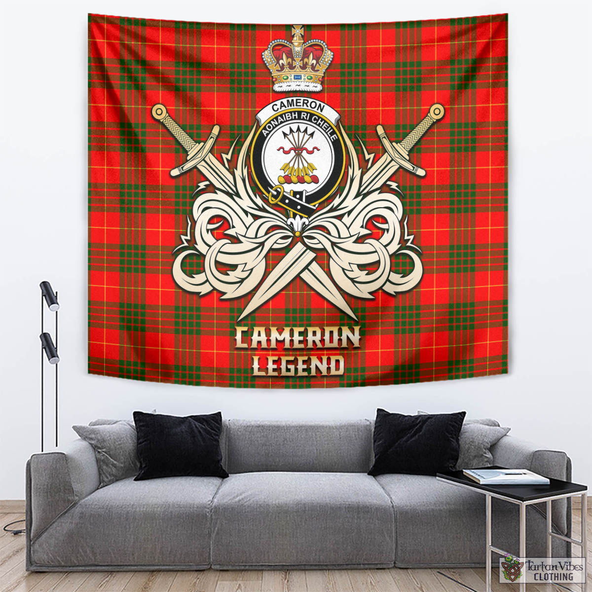 Tartan Vibes Clothing Cameron Modern Tartan Tapestry with Clan Crest and the Golden Sword of Courageous Legacy