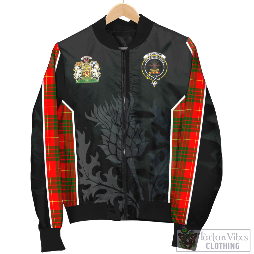 Tartan Vibes Clothing Cameron Modern Tartan Bomber Jacket with Family Crest and Scottish Thistle Vibes Sport Style