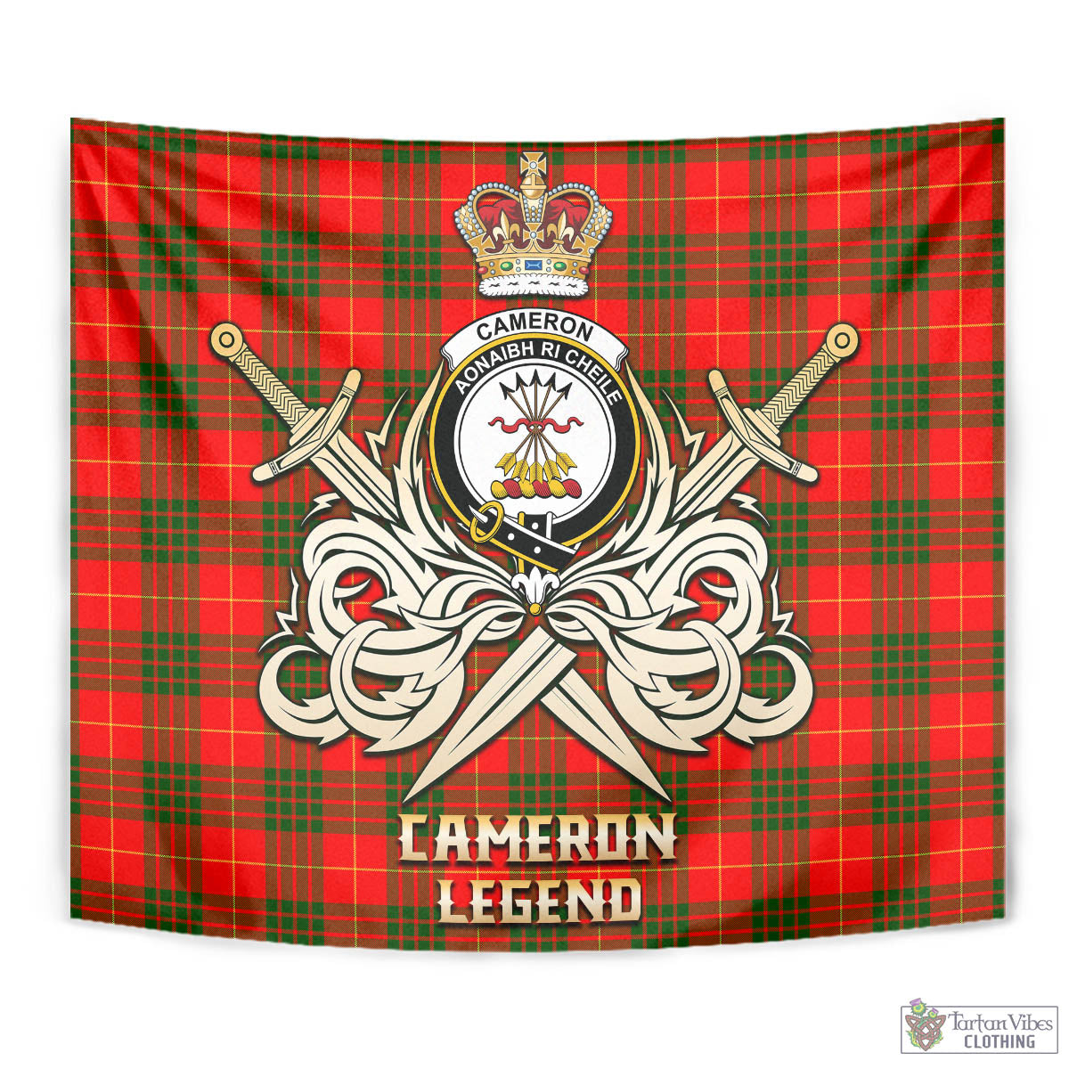 Tartan Vibes Clothing Cameron Modern Tartan Tapestry with Clan Crest and the Golden Sword of Courageous Legacy