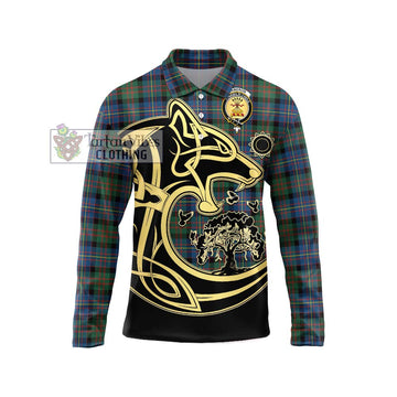 Cameron of Erracht Ancient Tartan Long Sleeve Polo Shirt with Family Crest Celtic Wolf Style