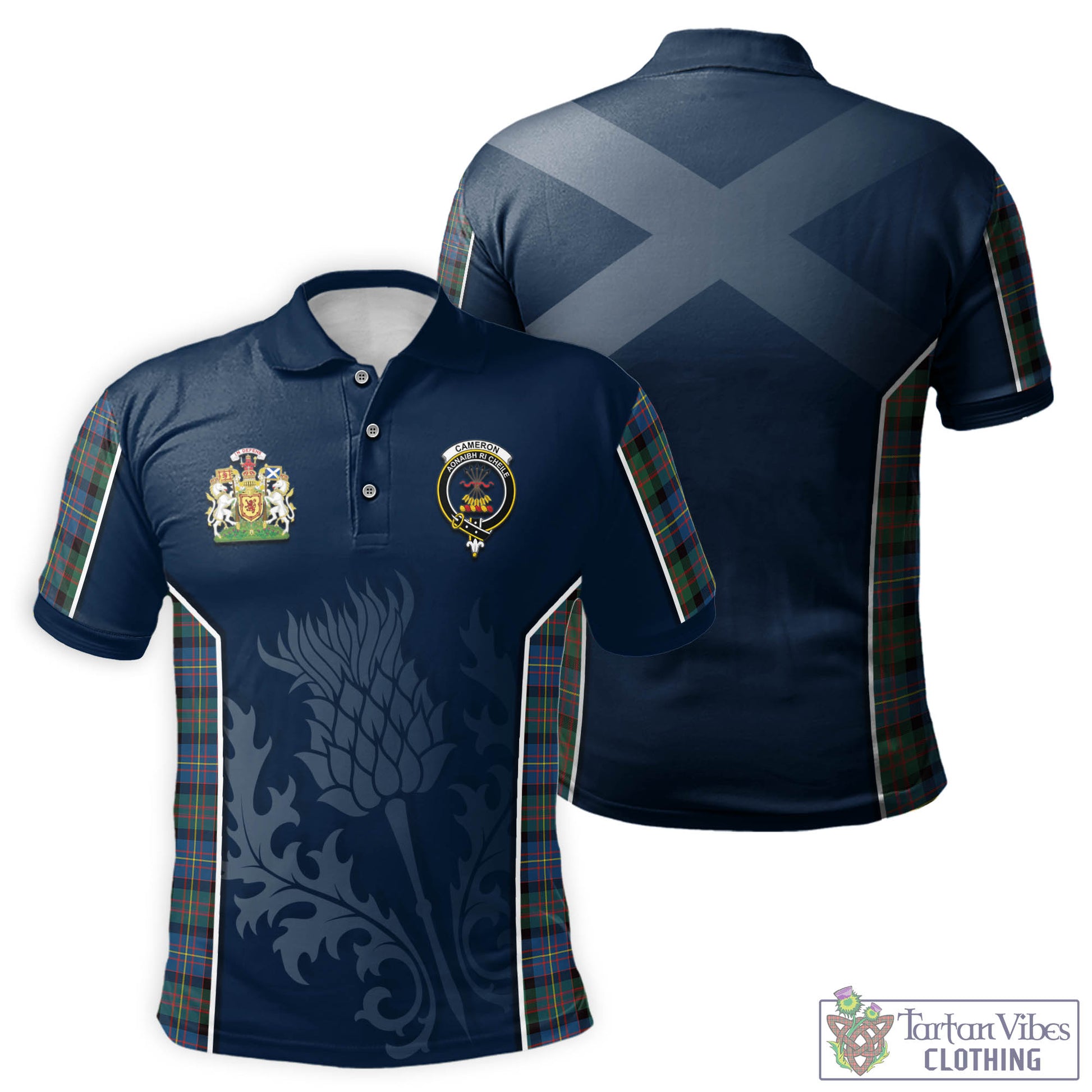 Tartan Vibes Clothing Cameron of Erracht Ancient Tartan Men's Polo Shirt with Family Crest and Scottish Thistle Vibes Sport Style