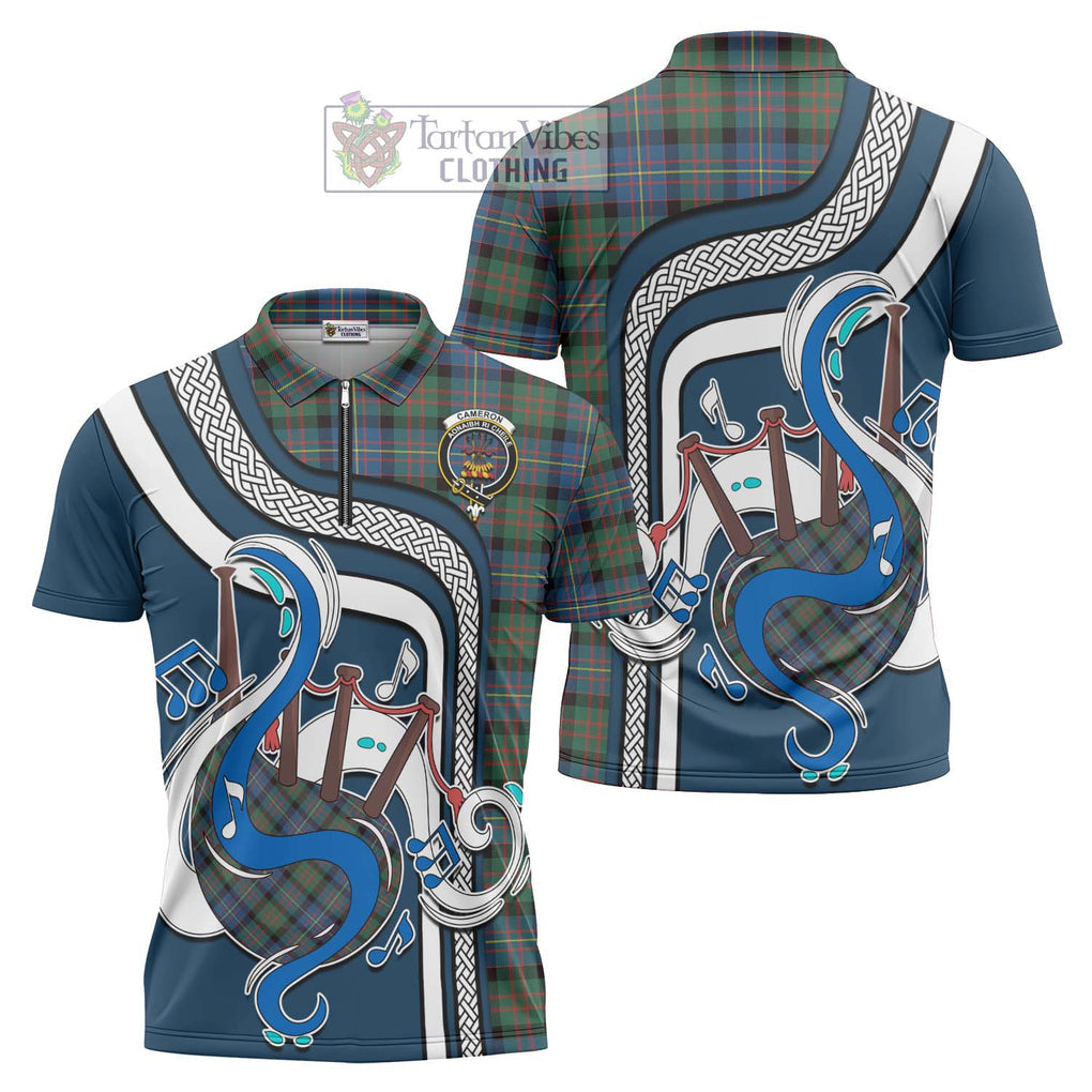 Cameron of Erracht Ancient Tartan Zipper Polo Shirt with Epic Bagpipe Style Unisex - Tartanvibesclothing Shop