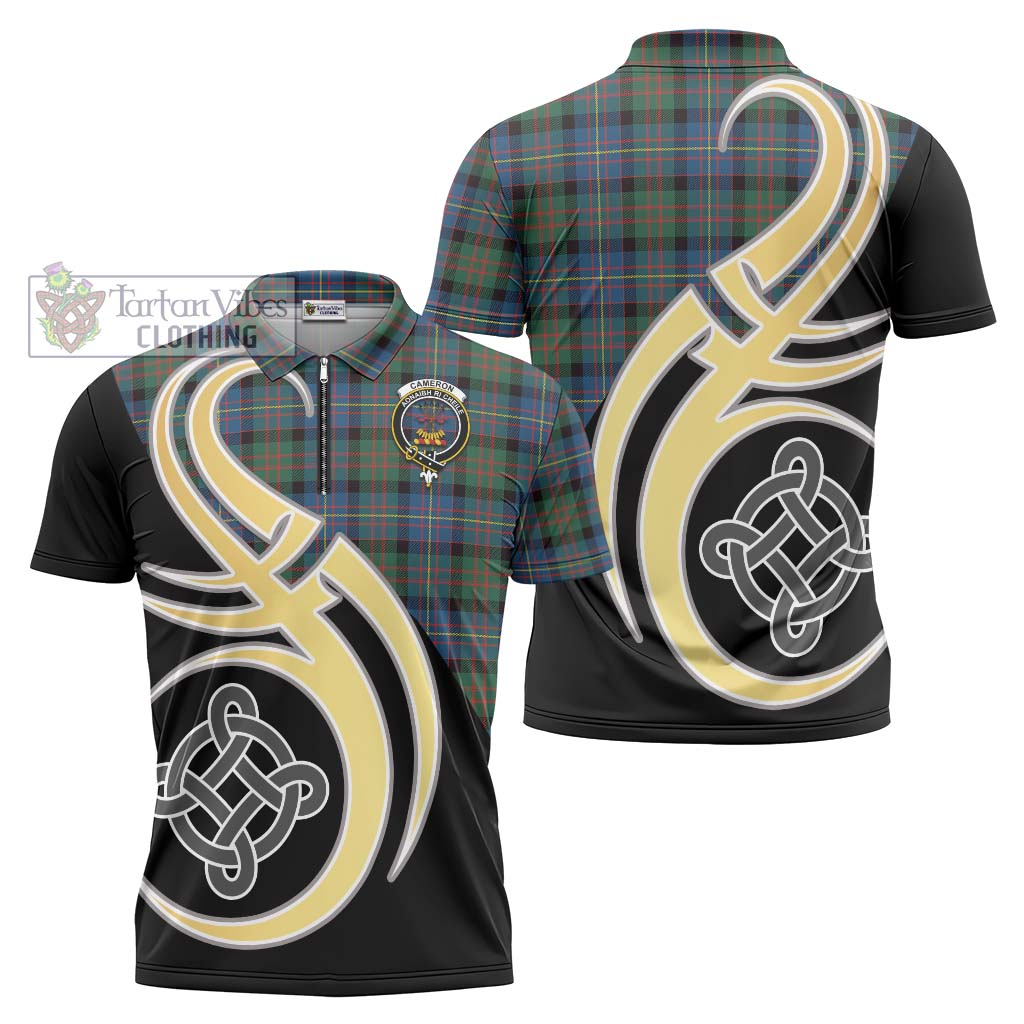 Tartan Vibes Clothing Cameron of Erracht Ancient Tartan Zipper Polo Shirt with Family Crest and Celtic Symbol Style