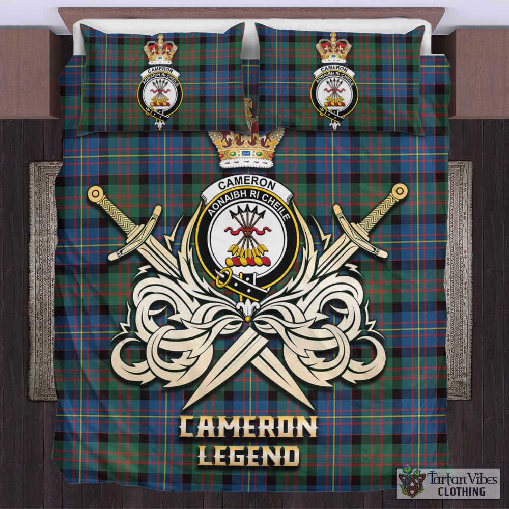 Tartan Vibes Clothing Cameron of Erracht Ancient Tartan Bedding Set with Clan Crest and the Golden Sword of Courageous Legacy