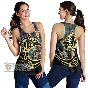 Cameron of Erracht Ancient Tartan Women's Racerback Tanks with Family Crest Celtic Wolf Style