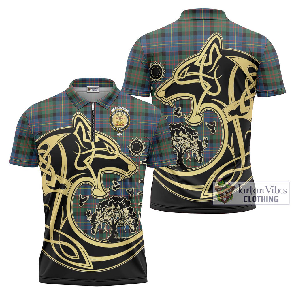 Cameron of Erracht Ancient Tartan Zipper Polo Shirt with Family Crest Celtic Wolf Style Unisex - Tartanvibesclothing Shop