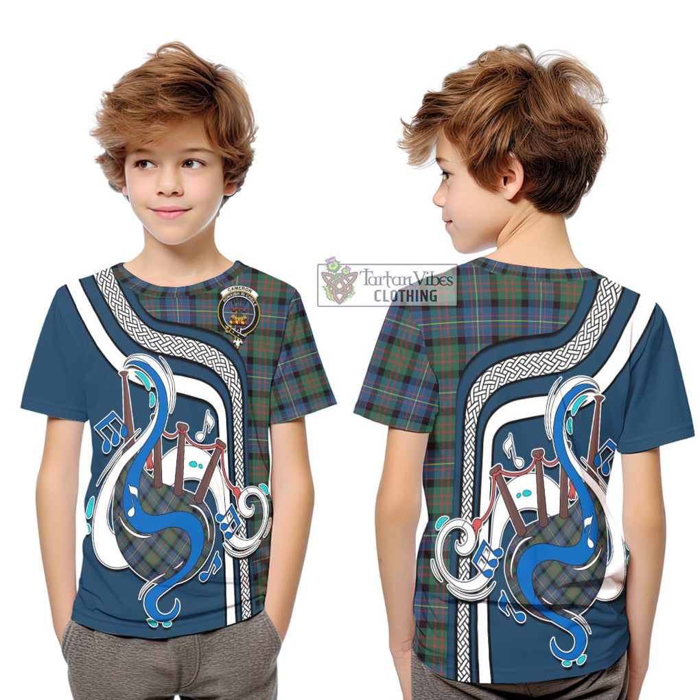 Tartan Vibes Clothing Cameron of Erracht Ancient Tartan Kid T-Shirt with Epic Bagpipe Style