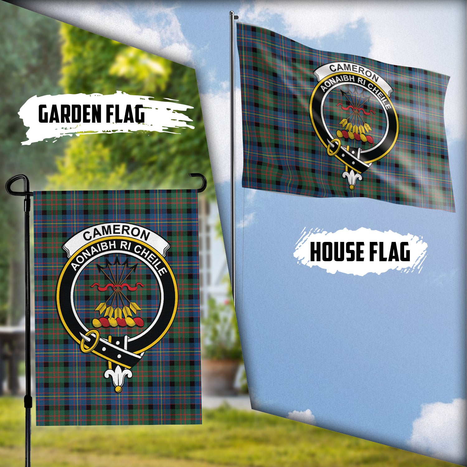 cameron-of-erracht-ancient-tartan-flag-with-family-crest