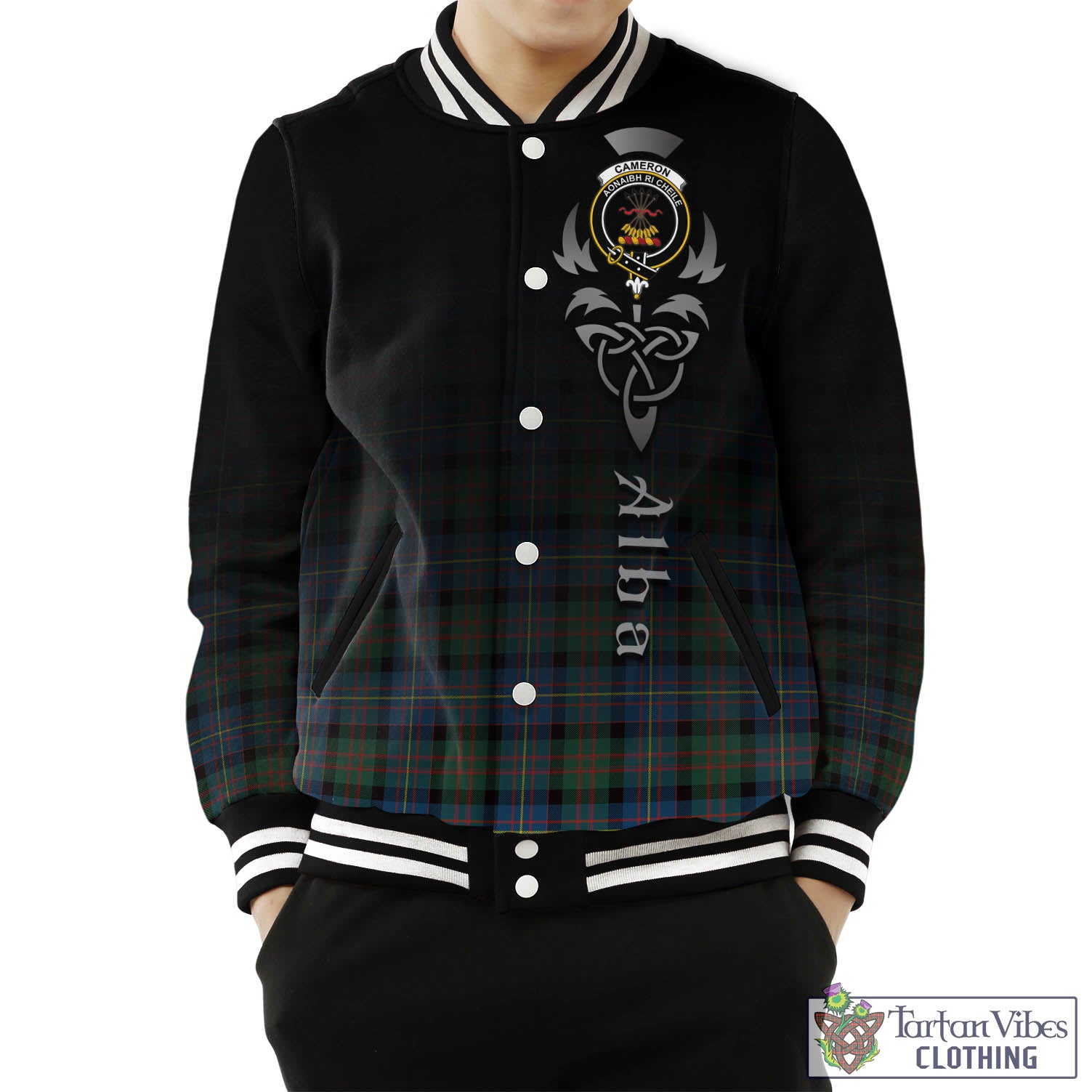 Tartan Vibes Clothing Cameron of Erracht Ancient Tartan Baseball Jacket Featuring Alba Gu Brath Family Crest Celtic Inspired