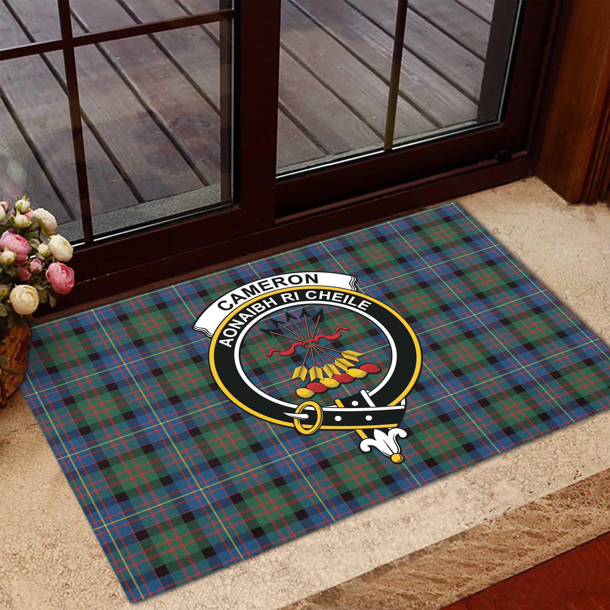 Cameron of Erracht Ancient Tartan Door Mat with Family Crest - Tartanvibesclothing