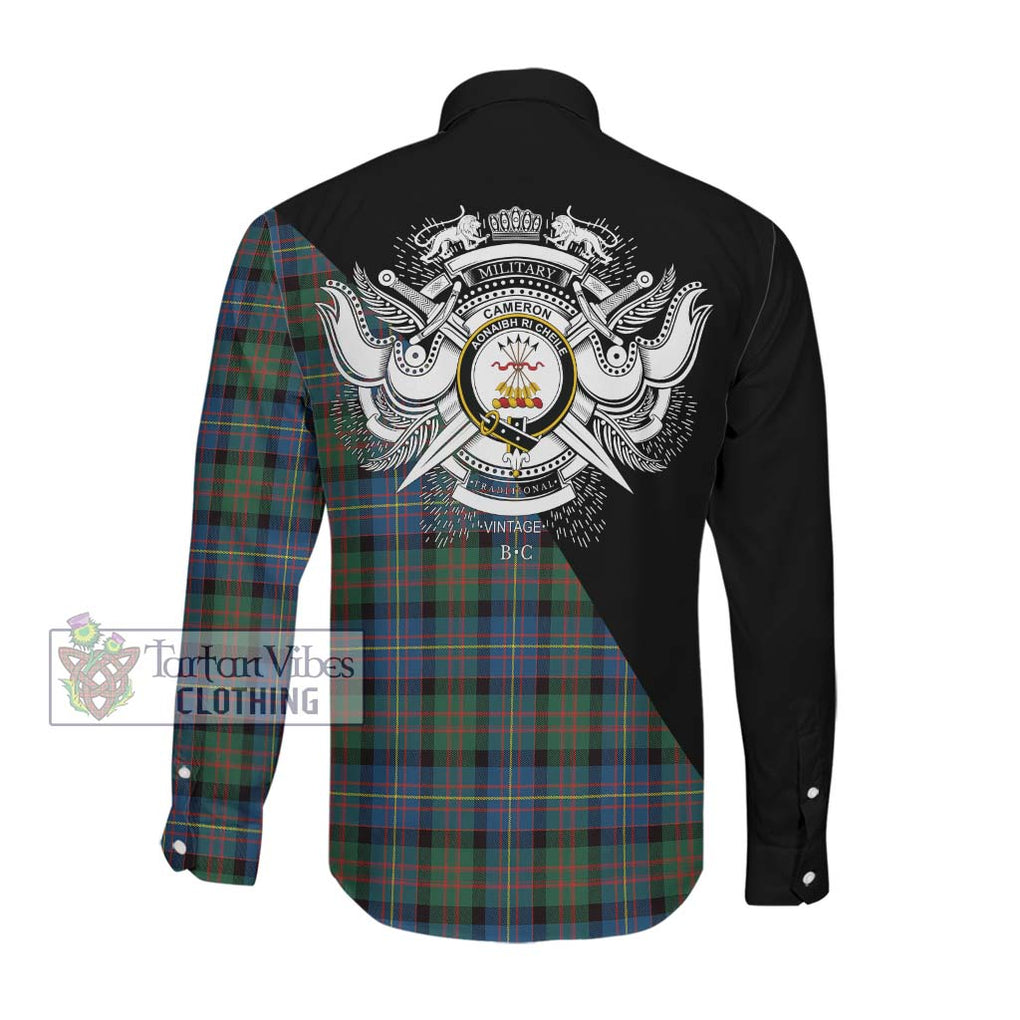 Cameron of Erracht Ancient Tartan Long Sleeve Button Shirt with Family Crest and Military Logo Style Men's Shirt - Tartanvibesclothing Shop