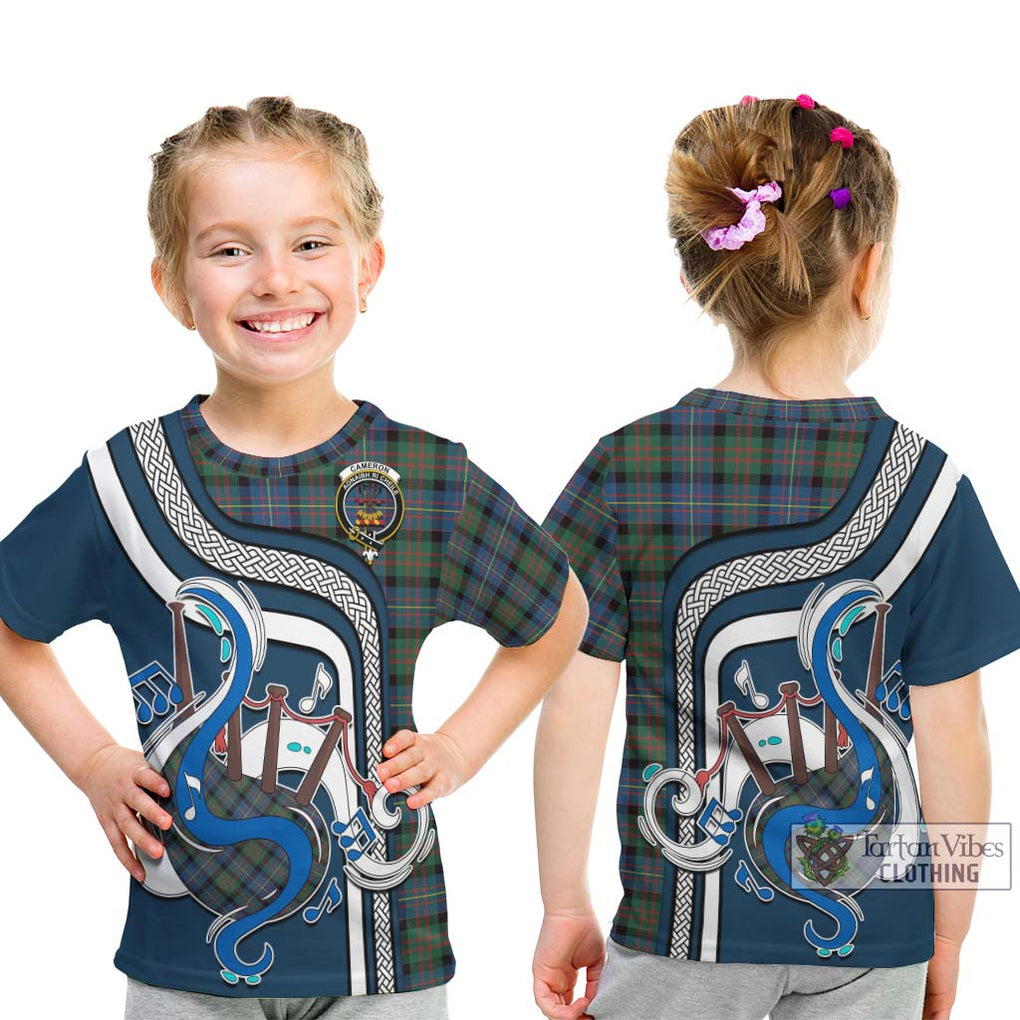 Tartan Vibes Clothing Cameron of Erracht Ancient Tartan Kid T-Shirt with Epic Bagpipe Style