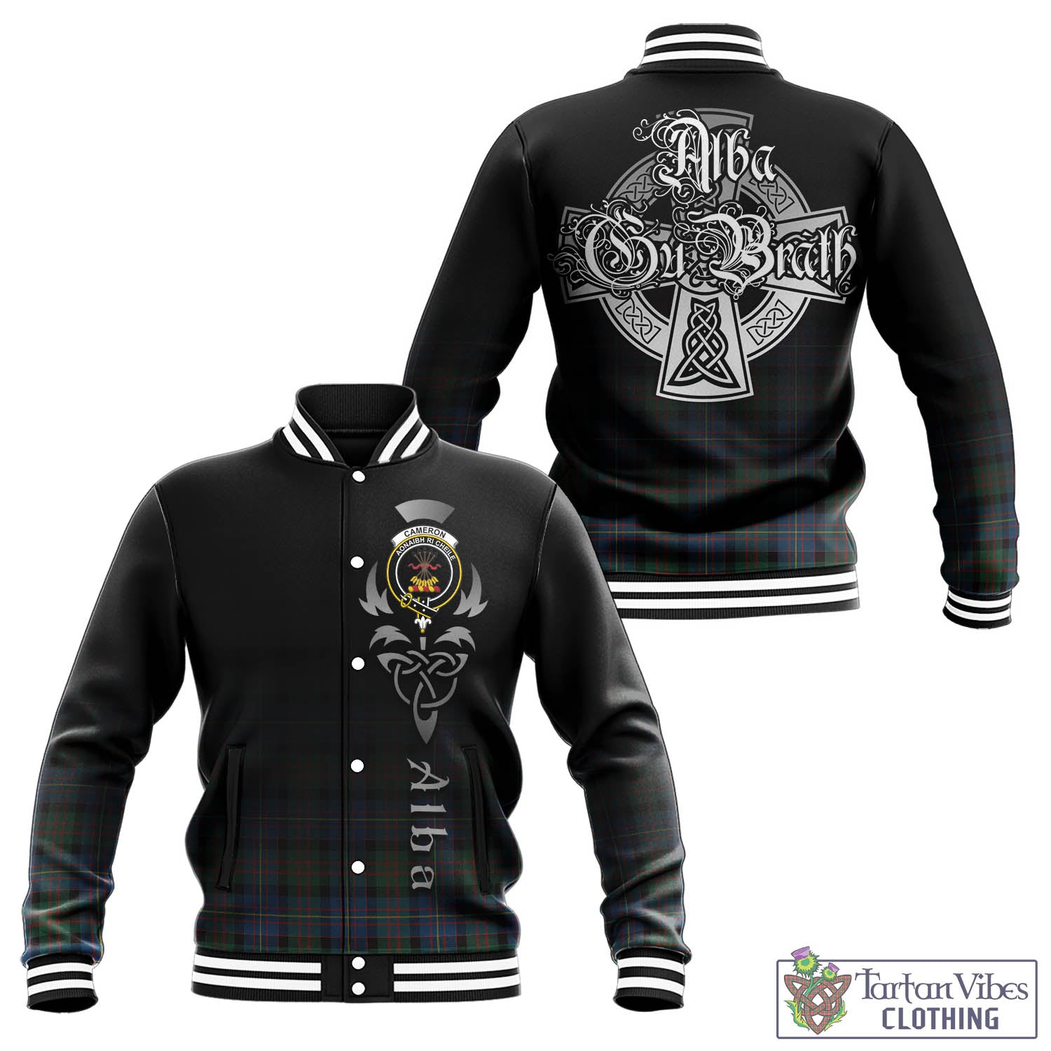 Tartan Vibes Clothing Cameron of Erracht Ancient Tartan Baseball Jacket Featuring Alba Gu Brath Family Crest Celtic Inspired