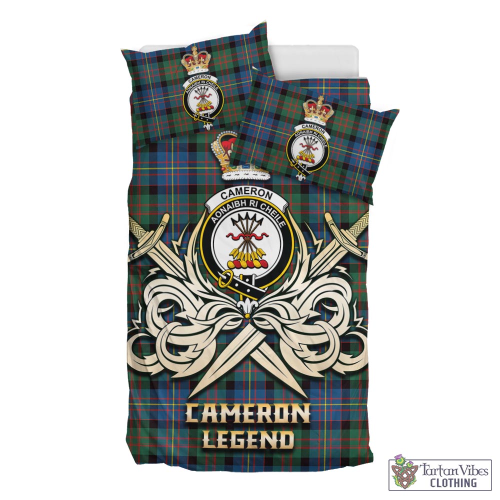 Tartan Vibes Clothing Cameron of Erracht Ancient Tartan Bedding Set with Clan Crest and the Golden Sword of Courageous Legacy